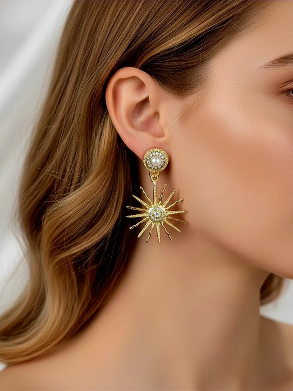 Gold-plated  Sunburst Pearl Drop‎ Earrings - S925 Needle